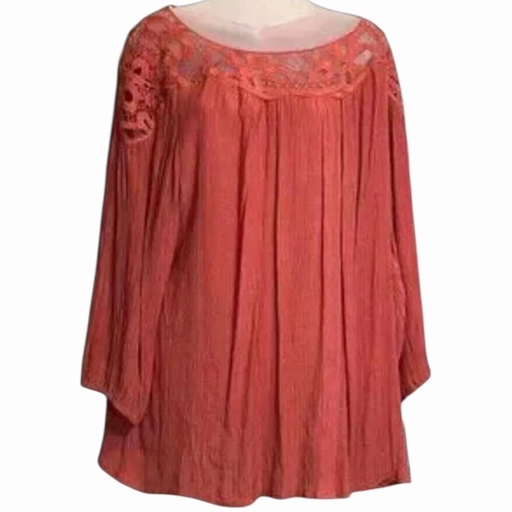 Zac Rachel Peasant Blouse Crochet Trim Tunic Boho 3X Coral Womens Top Spring